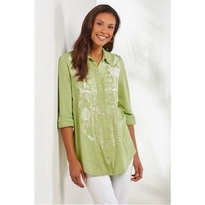 Soft Surroundings Womens Green Madie Tunic Embroidered Floral Long Sleeve L